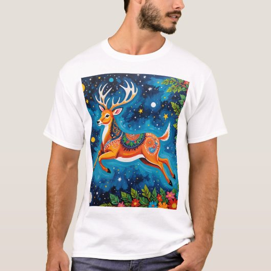 Celestial Deer - Gondkunst in de sterren T-shirt (Voorkant)