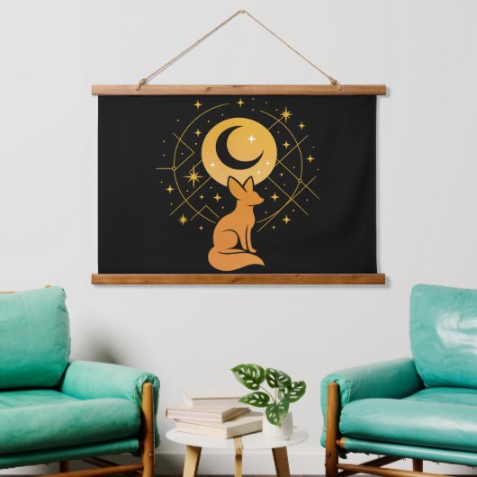 Celestial Desert Fox – Kosmische Maan en Sterren Hangend Wandkleed (Woonkamer)