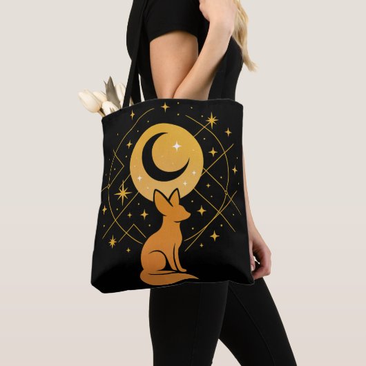 Celestial Desert Fox – Kosmische Maan en Sterren Tote Bag (Dichtbij)