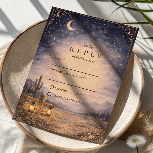 Celestial Desert Moonlit Western Wedding RSVP Kaartje