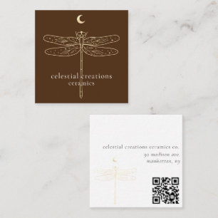 Celestial Dragonfly QR Code Brown Square Biz Card Vierkante Visitekaartje