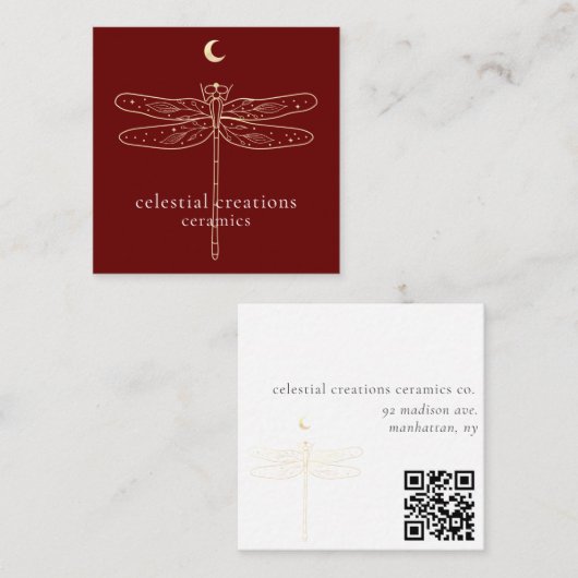 Celestial Dragonfly QR Code Red Square Biz Card Vierkante Visitekaartje (Voorkant / Achterkant)