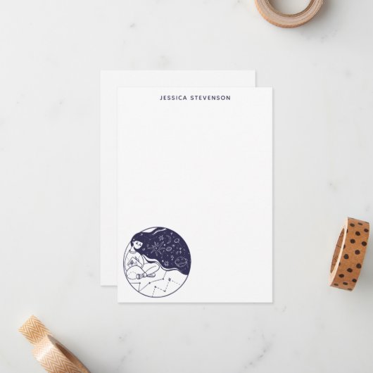 Celestial Dreaming Space Girl Sketch Persoonlijk Notitiekaartje (Voorkant / Achterkant in situ)