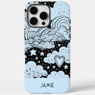 Celestial Dreams Doodles Blauw Zwart Gepersonalise iPhone 16 Pro Max Hoesje