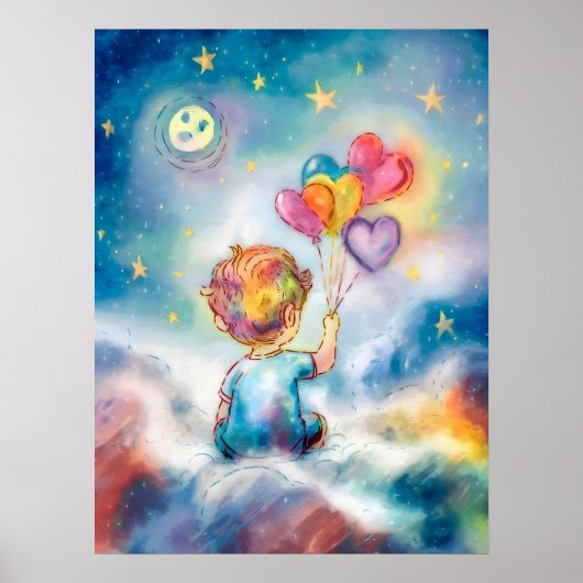 Celestial Dreams - Jongen met hartballonnen Poster (Voorkant)