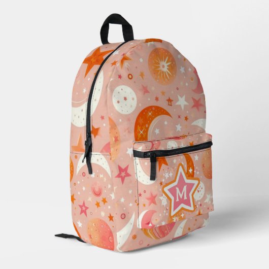 Celestial Dreams Sinaasappel en Roze Monogram Bedrukte Rugzak (Achterkant Hoek Links)