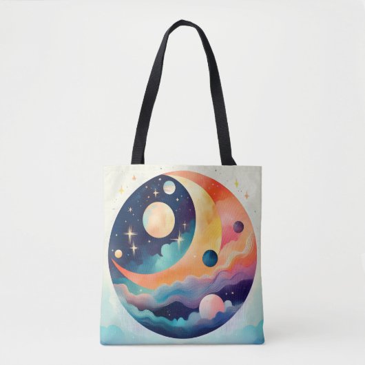 Celestial Dreamscape – Abstracte Maan en Planeten Tote Bag (Voorkant)
