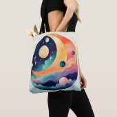 Celestial Dreamscape – Abstracte Maan en Planeten Tote Bag (Dichtbij)