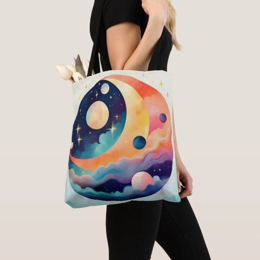 Celestial Dreamscape – Abstracte Maan en Planeten Tote Bag (Dichtbij)