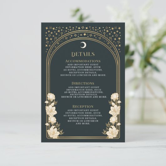 Celestial Elegant Art Nouveau Trouwdetails Informatiekaartje (Staand voorkant)