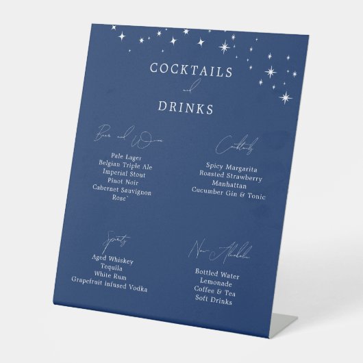 Celestial Elegant Navy Blue Wedding Drinks Bar Reclamebord Met Voetstuk (Voorkant)