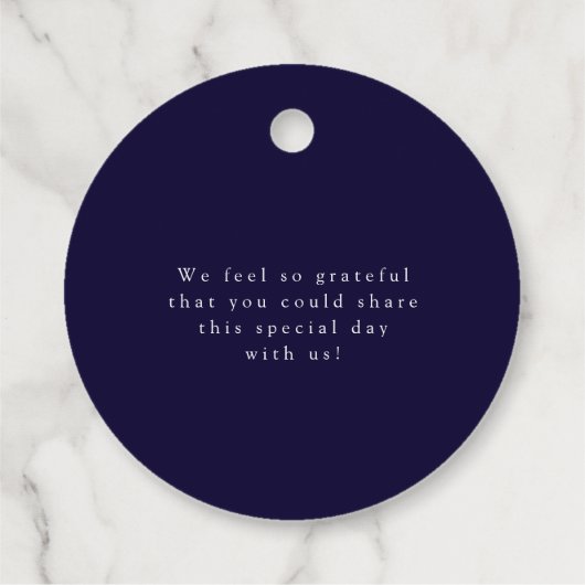 Celestial Elegant Script Midnight Blue Wedding Bedankjes Labels (Achterkant)