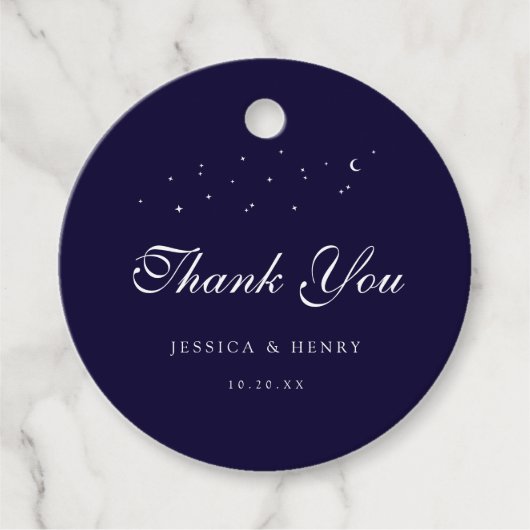 Celestial Elegant Script Midnight Blue Wedding Bedankjes Labels (Voorkant)