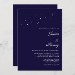 Celestial Elegant Script Midnight Blue Wedding Kaart