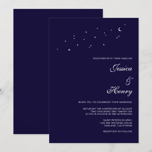 Celestial Elegant Script Midnight Blue Wedding Kaart
