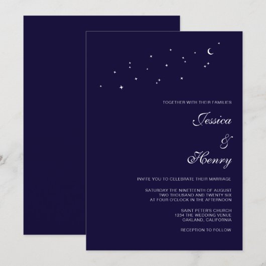 Celestial Elegant Script Midnight Blue Wedding Kaart (Voorkant / Achterkant)