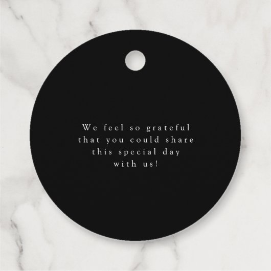 Celestial Elegant Script Minimal Black Wedding Bedankjes Labels (Achterkant)