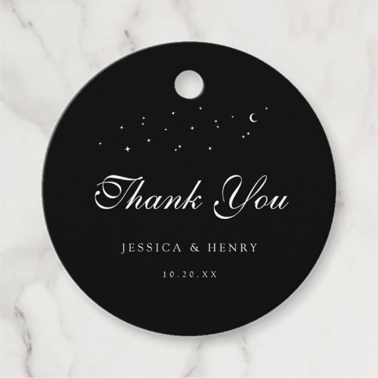 Celestial Elegant Script Minimal Black Wedding Bedankjes Labels (Voorkant)