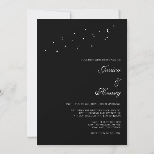 Celestial Elegant Script Minimalist Black Wedding Kaart (Voorkant)