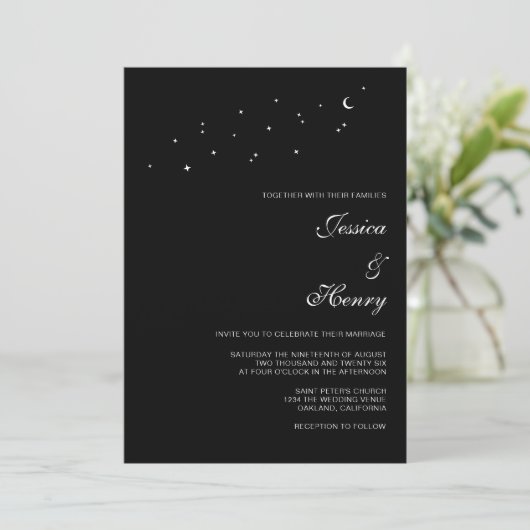 Celestial Elegant Script Minimalist Black Wedding Kaart (Staand voorkant)
