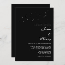 Celestial Elegant Script Minimalist Black Wedding Kaart