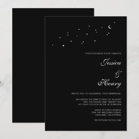 Celestial Elegant Script Minimalist Black Wedding Kaart (Voorkant / Achterkant)