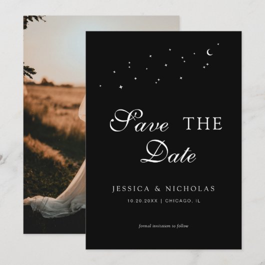 Celestial Elegant Script Zwart Trouwfoto Save The Date (Voorkant / Achterkant)