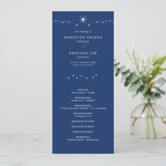 Celestial Elegant Stars Navy Blue Wedding Flat Programmakaart (Staand voorkant)