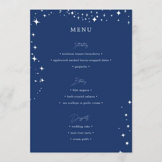 Celestial Elegant Wedding Simple Navy Blue Menu (Voorkant)