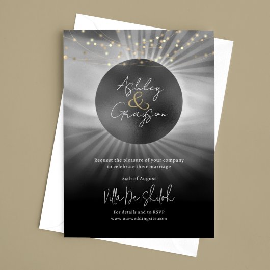 Celestial Elegant Zwart en Goud Bruiloft Kaart