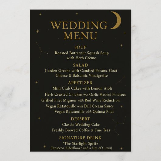 Celestial Elegant Zwart & Goud Wedding Menu (Voorkant)