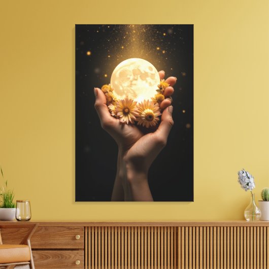 Celestial Embrace: Moon & Flowers Canvas Art (Insitu (Woonkamer))