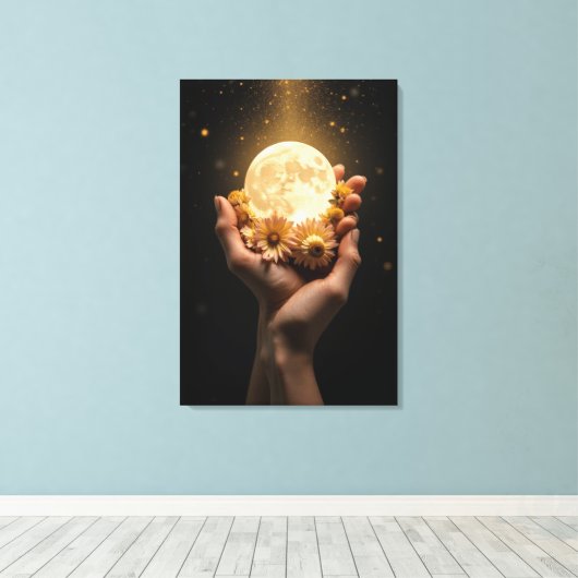Celestial Embrace: Moon & Flowers Canvas Art (Insitu (Houten vloer))