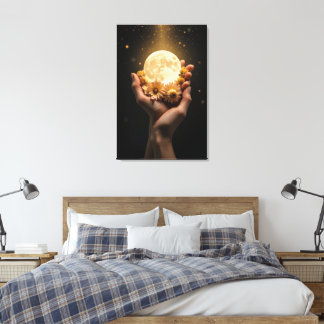 Celestial Embrace: Moon & Flowers Canvas Art Afdruk