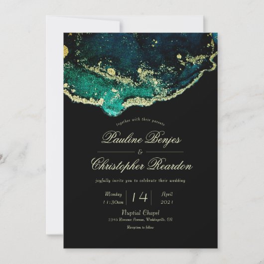 Celestial Emerald Black Gold Ink Wash Weddenschap Kaart (Voorkant)