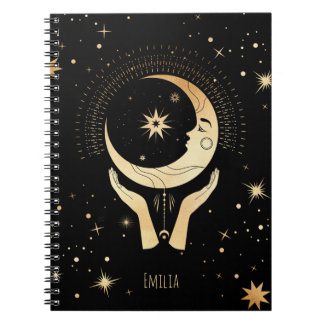 Celestial Esoteric Black Faux Gold Moon Hands Name Notitieboek