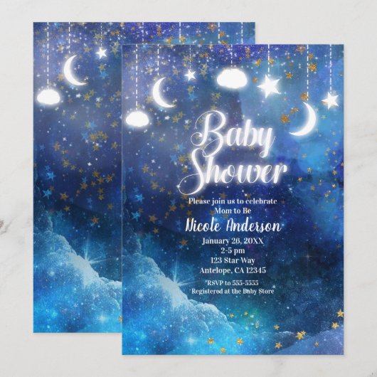 Celestial Fantasy Gold Stars & Glow Baby shower Kaart (Voorkant / Achterkant)