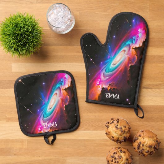 Celestial Fantasy Zwart Gat Aangepaste Naam Ovenwant & Pannenlap Set (Top down)