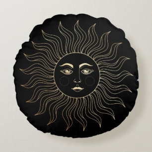 Celestial Faux Gold Sun  Black Rond Kussen