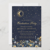 Celestial Floral Blue Stars Moon Graduation Party Kaart (Voorkant)