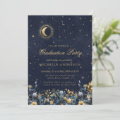 Celestial Floral Blue Stars Moon Graduation Party Kaart (Staand voorkant)