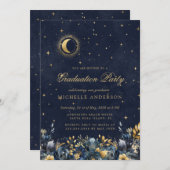Celestial Floral Blue Stars Moon Graduation Party Kaart (Voorkant / Achterkant)