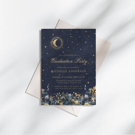 Celestial Floral Blue Stars Moon Graduation Party Kaart