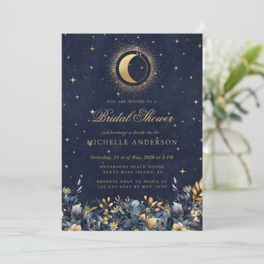 Celestial Floral Blue Stars Moon Vrijgezellenfeest Kaart (Staand voorkant)