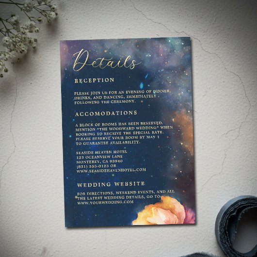 Celestial Floral Galaxy Navy Blue Wedding Details Informatiekaartje