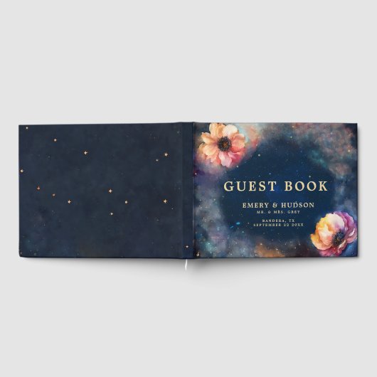 Celestial Floral Galaxy Starry Night Blue Wedding Gastenboek (Volledig)