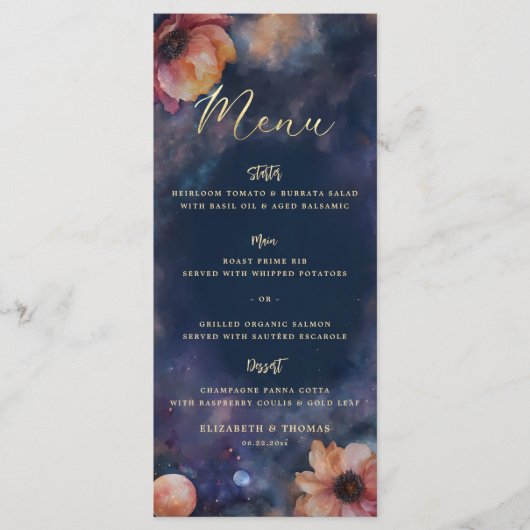 Celestial Floral Galaxy Starry Night Blue Wedding Menu (Voorkant)