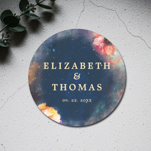 Celestial Floral Galaxy Starry Night Blue Wedding Ronde Sticker