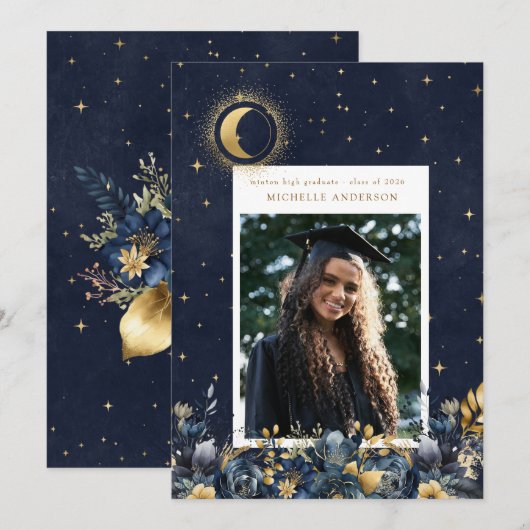 Celestial Floral Moon Graduation Announcement Kaart (Voorkant / Achterkant)