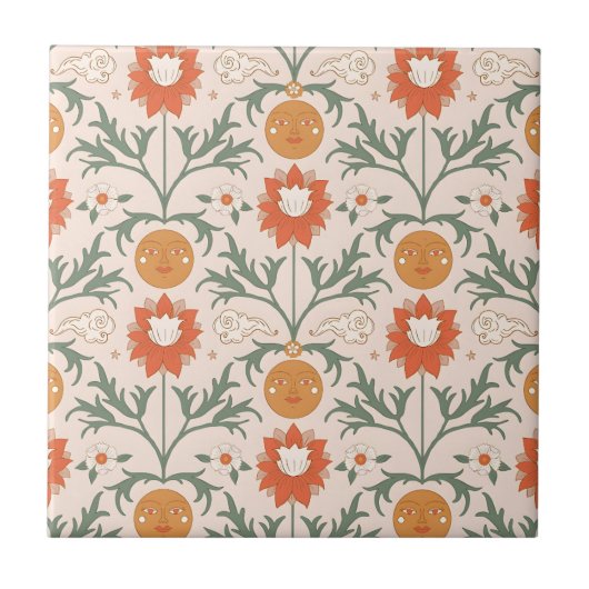 Celestial Floral Sunburst Seamless Pattern Design Tegeltje (Voorkant)